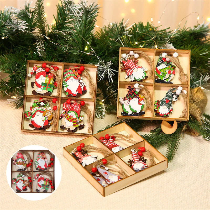 Wooden Christmas Tree Decoration Set with Gnomes