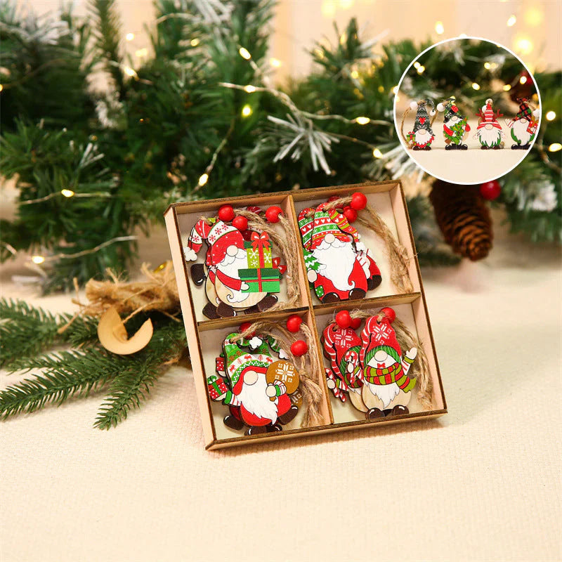 Wooden Christmas Tree Decoration Set with Gnomes