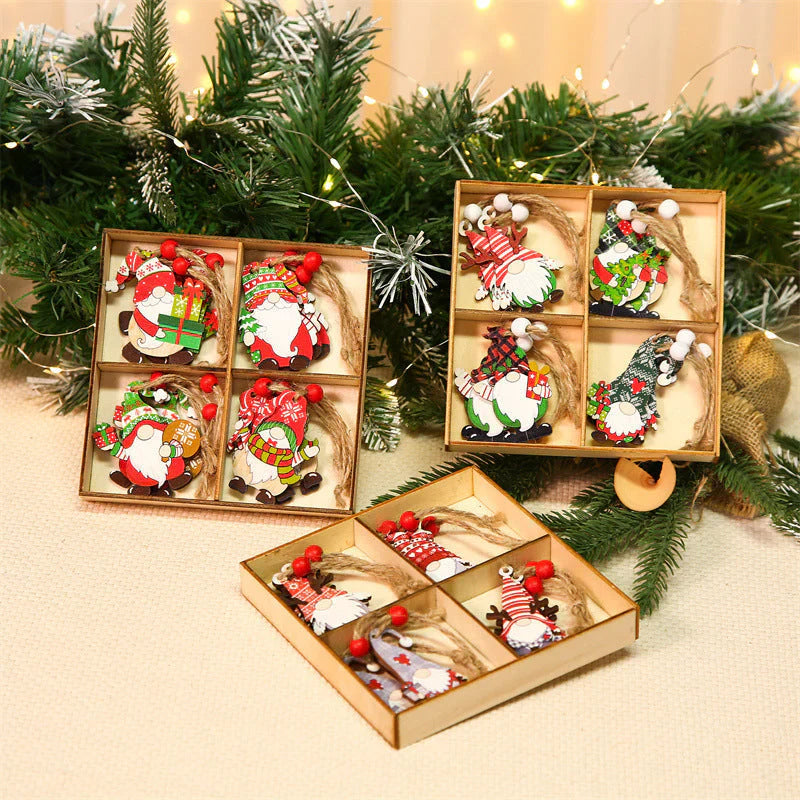 Wooden Christmas Tree Decoration Set with Gnomes