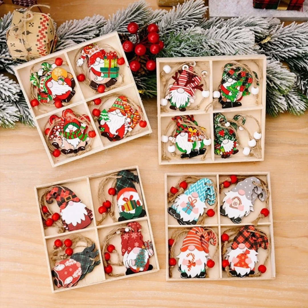 Wooden Christmas Tree Decoration Set with Gnomes
